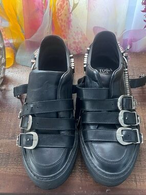 TOGA Pulla Black Leather Triple-Buckle Sneakers with Silver Hardware